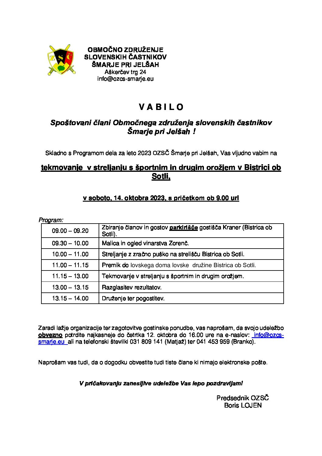 Tekmovanje  v streljanju s športnim in drugim orožjem v Bistrici ob Sotli, v soboto, 14. oktobra 2023